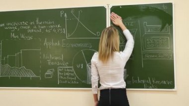 Kadın öğretmen sürtünme bir yazı tahtası kapalı