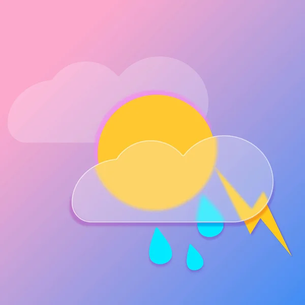 Clouds with rain and sun icon isolated on pink background. Rain cloud precipitation with rain drops.Glass morphism concept.