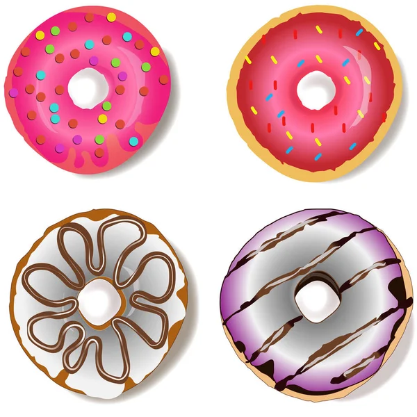 Set Van Cartoon Kleurrijke Donuts Geïsoleerd Witte Achtergrond Top View — Stockvector