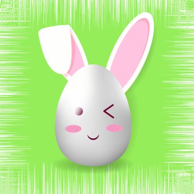 Beyaz Paskalya tavşanı. Yeşil arka planda Paskalya Tavşanı. Paskalya tavşanı ve Paskalya yumurtası. Vektör Paskalya kartı.