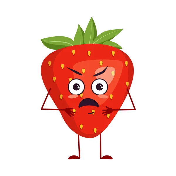 Cute strawberry characters with angry emotions, face, arms and legs. The funny or grumpy hero, red fruit and berry