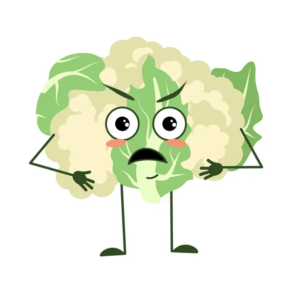 Cute cauliflower character with angry emotions, face, arms and legs. The funny or grumpy food hero, green vegetable, cabbage