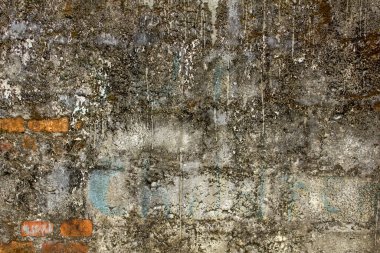 Kırmızı tuğlaları olan eski kirli beton duvar. pürüzlü yüzey. Çimento ve boya lekeleri