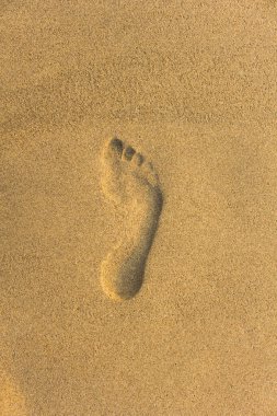 Sarı kumdaki çıplak sağ ayağın izi.