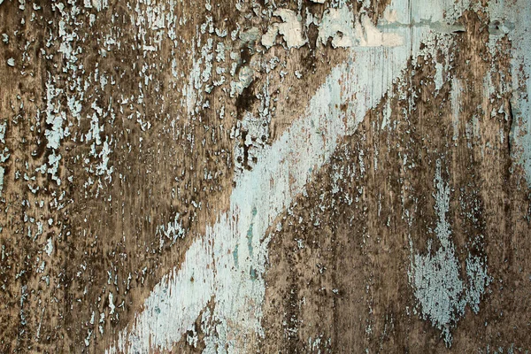 Old Gray Wooden Board Cracks Peeling Blue Paint Diagonal Line — Stock Photo, Image