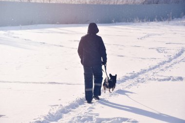 Kış mevsiminde Corgie ile uzun ve dar bir patikada yürüyen yüzü olmayan erkeğin tüm vücudu.
