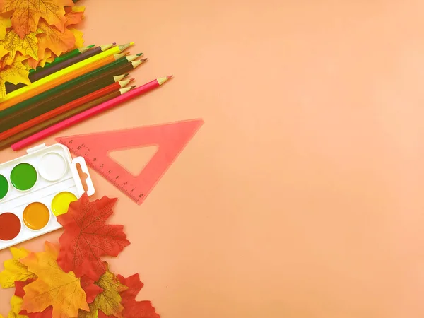 Okul malzemeleri için seçici bir odak noktası. Renkli boya kalemleri ve pembe arka planda sonbahar sarı yapraklarının yanında büyüteç gibi canlı suluboya. 