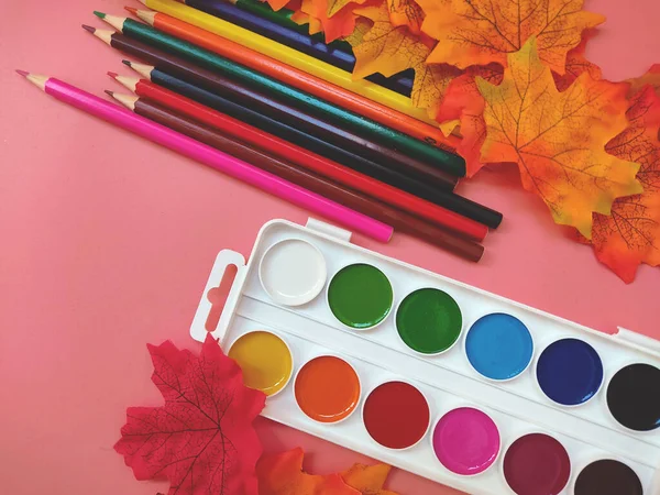 Okul için seçici odak noktası: Pembe arka planda sonbahar sarı yapraklarının yanında renkli pastel boya ve canlı suluboya.