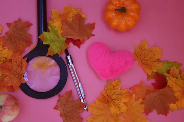 Sonbahar yapraklarının yanında büyüteç ve kalbin seçici odak noktası 