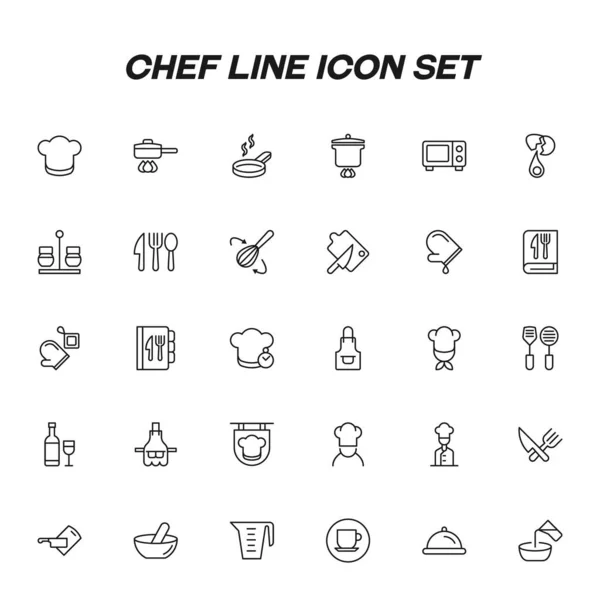 Mutfak konsepti. Aşçı çizgisi simgesi seti mutfak gereçleri ve iş kıyafetleri ve yemek tarifi kitapları içeren mutfak aletleri. 