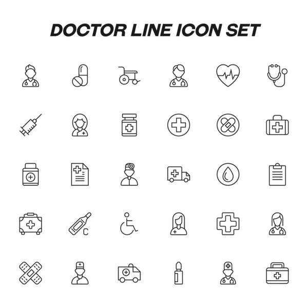 Sağlık ve tıp konsepti. Doktor çizgisi simgesi seti tıbbi ilaç ve malzeme ikonları, tıbbi araçlar, tekerlekli sandalyeli engelli insanlar...