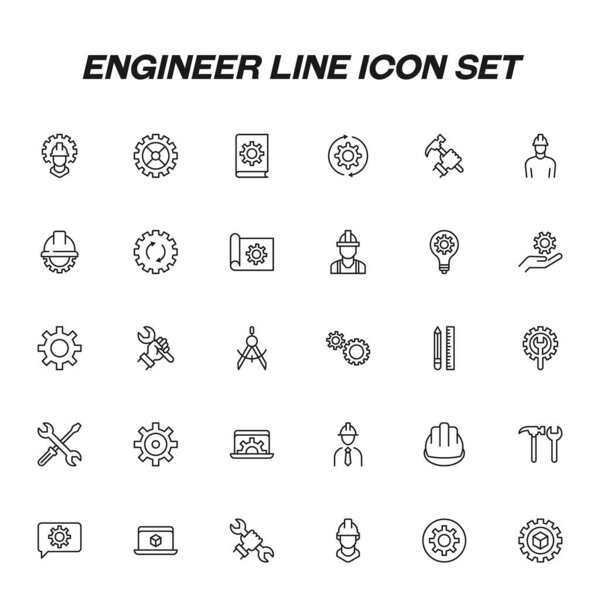 Profession of engineer concept. Collection of line icons of engineers and builders with different gears and tools for construction and renovation