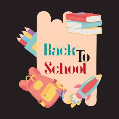 Okul eşyaları ve elementlerle okula geri döndüm. vektör paneli tasarımı.