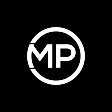 Siyah arka planda MP harfi logosu tasarımı. MP yaratıcı harflerin baş harfleri logo kavramı. MP harf tasarımı. 