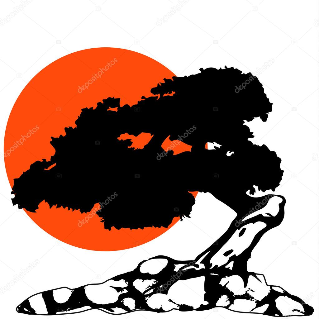 the bonsai silhouette with sun and rock stock vector the bonsai silhouette with sun and rock stock vector