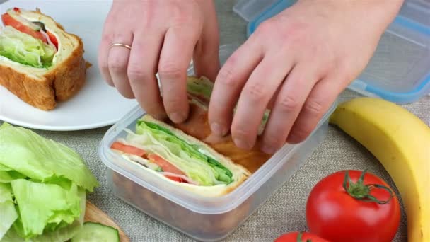 Mujer hizo sándwiches y ponerlos en la lonchera — Vídeos de Stock