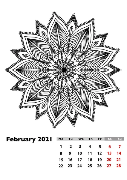 Kalendarz 2021 Różną Ręcznie Rysowaną Mandalą Luty Str Tydzień Zaczyna — Zdjęcie stockowe