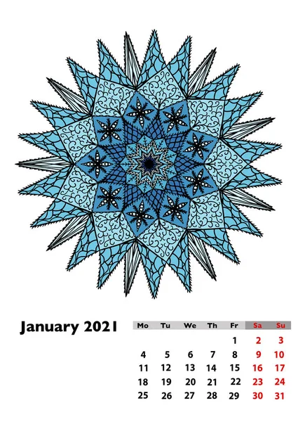 Calendario 2021 Con Diferente Mandala Dibujado Mano Enero Página Semana — Foto de Stock