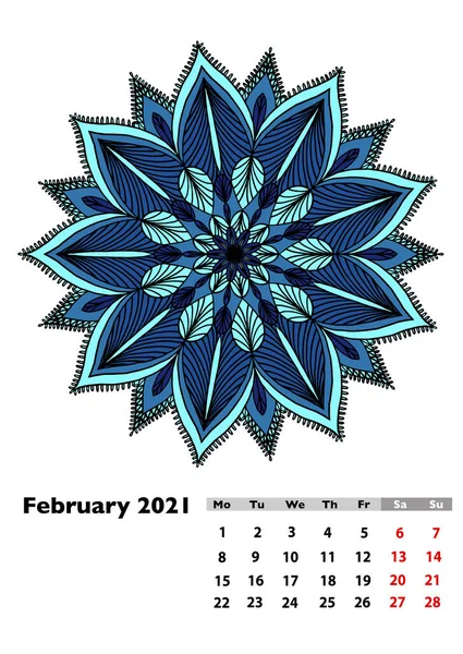 Kalender 2021 Med Olika Handritade Mandala Februari Sidan Veckan Börjar — Stockfoto