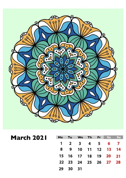 Kalender 2021 Med Olika Handritade Mandala Mars Sidan Veckan Börjar — Stockfoto