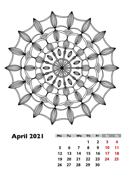 Kalender 2021 Med Olika Handritade Mandala April Sidan Veckan Börjar — Stockfoto