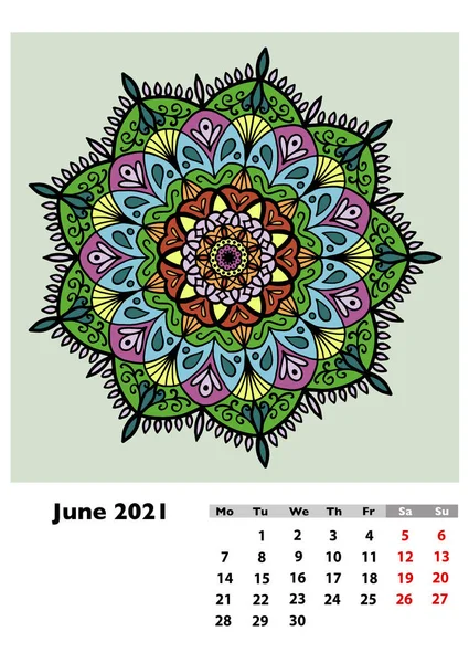 Calendário 2021 Com Mandala Desenhada Mão Diferente Junho Página Semana — Fotografia de Stock