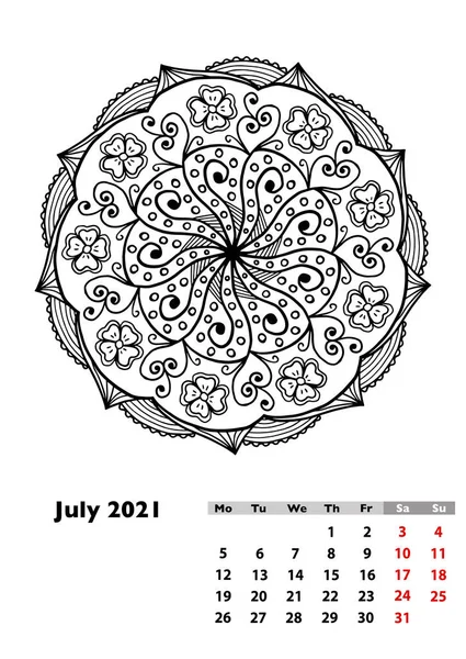 Kalender 2021 Med Olika Handritade Mandala Juli Sidan Veckan Börjar — Stockfoto