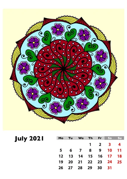 Calendario 2021 Con Diferente Mandala Dibujado Mano Julio Página Semana — Foto de Stock