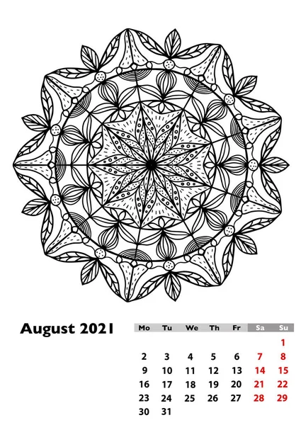 Calendario 2021 Con Diversi Mandala Disegnati Mano Agosto Pagina Settimana — Foto Stock
