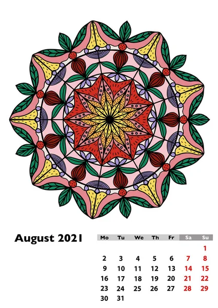 Takvim 2021 Farklı Elle Çizilmiş Mandala Ağustos Sayfanın Sayfası Hafta — Stok fotoğraf