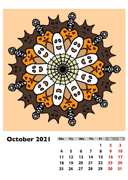 別の手でカレンダー2021マンダラ 10月 13のページ10を描画します 週は月曜日に始まり カラーラスターイラスト — ストック写真