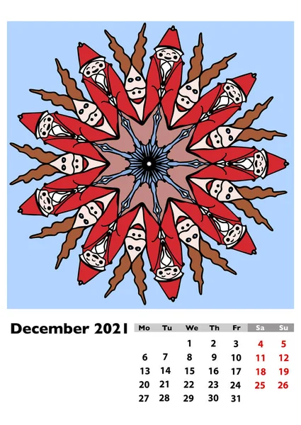 別の手でカレンダー2021マンダラ 12月 ページ12の13を描いた 週は月曜日に始まり カラーラスターイラスト — ストック写真