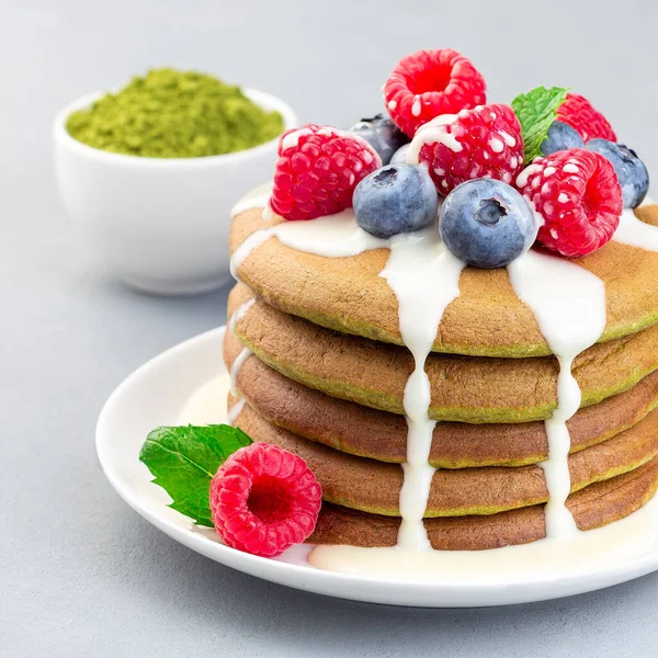 Matcha Pancakes Served Condensed Milk Blueberry Raspberry White Plate Square — Stock Photo, Image