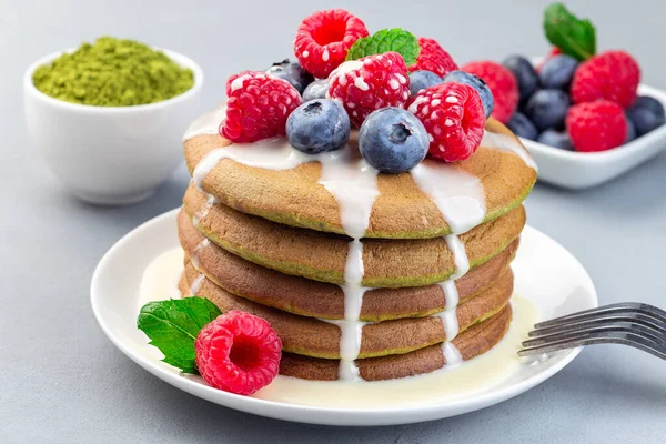 Matcha Pancakes Served Condensed Milk Blueberry Raspberry White Plate Horizontal — Stock Photo, Image