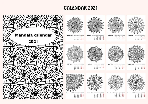 Calendário 2021 Para Ano Inteiro Com Mandala Desenhada Mão Diferente — Fotografia de Stock