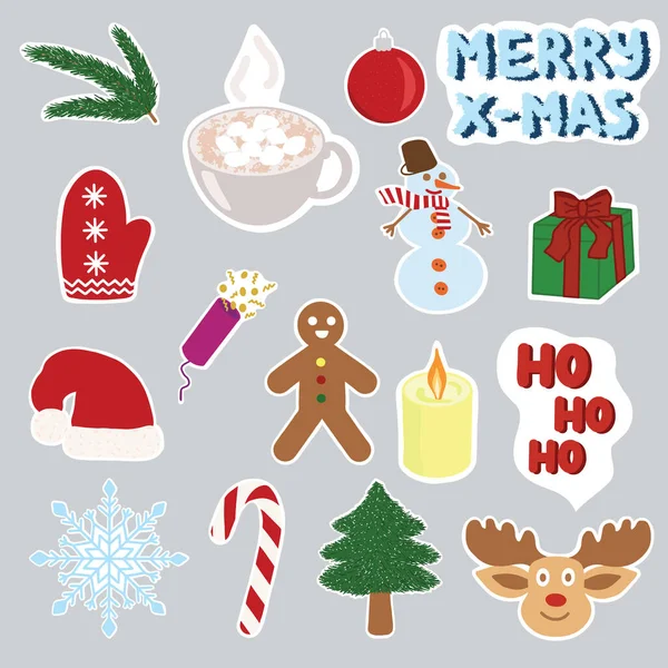 Weihnachtssticker Packung Feiertagselemente Druckfertig Vektorillustration — Stockvektor