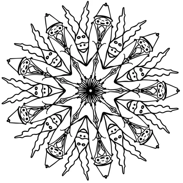 Hand Drawn Mandala Pattern Coloring Book Christmas Motive Black Outline — Stock Vector