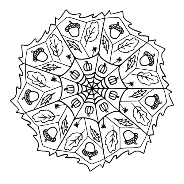 Kézzel Rajzolt Mandala Minta Őszi Elemekkel Kifestőkönyv Stressz Terápiás Minta — Stock Fotó