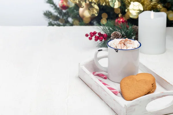 Szív Alakú Mézeskalács Cookie Csésze Forró Csokoládé Cukornád Egy Fehér — Stock Fotó