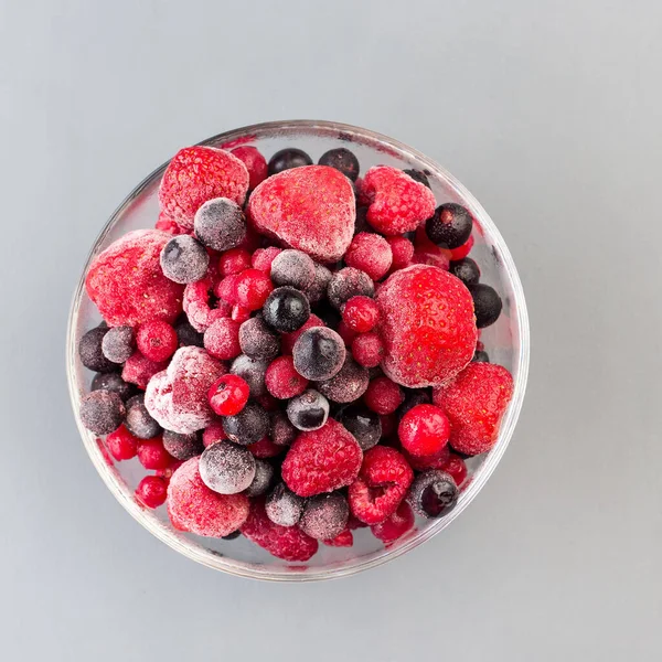 Baies Congelées Dans Bol Verre Framboise Fraise Canneberge Cassis Vue — Photo