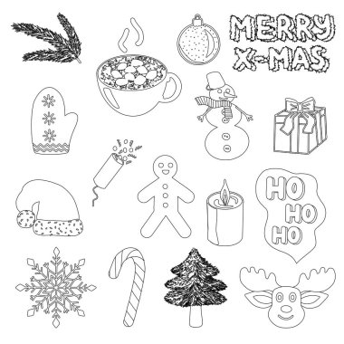 Siyah beyaz Noel öğeleri, boyama kitabı, vektör illüstrasyonu