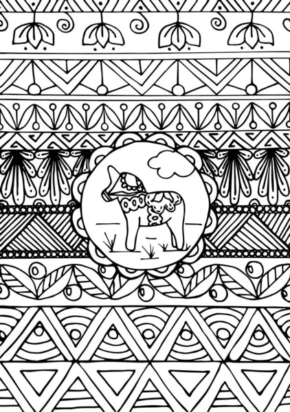 Zweeds Traditioneel Dala Paard Verschillende Ornamenten Wenskaart Kleurboek Zwart Wit — Stockvector