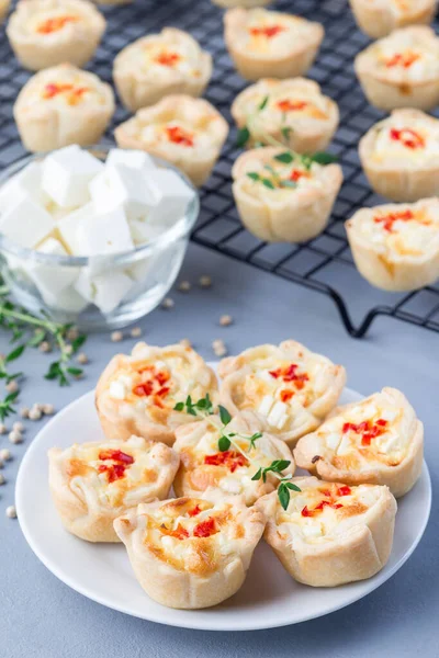 Feta Cheese Fried Onion Mini Quiche Muffins White Plate Cooling — Stock Photo, Image
