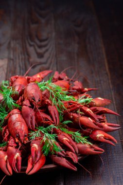 Dereotlu, koyu ahşap zemin ile servis edilen seramik tabakta kerevit, dikey, kopyalama alanı