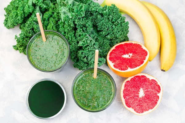 Green Smoothie Detox Drink Kale Chlorella Banana Grapefruit Horizontal Top — Stock Photo, Image