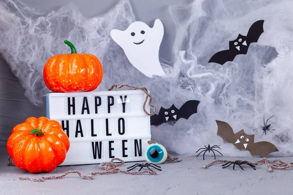 Strašidelné Halloween Pozadí Světelnou Skříňkou Dýně Web Netopýři Duch Pavouci — Stock fotografie