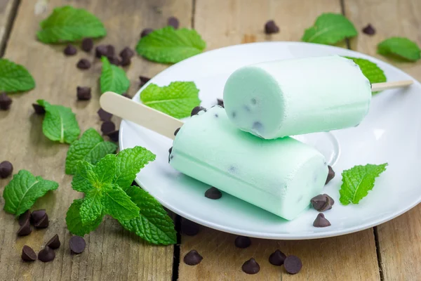 Mynta och chips choklad yoghurt popsicles — Stockfoto