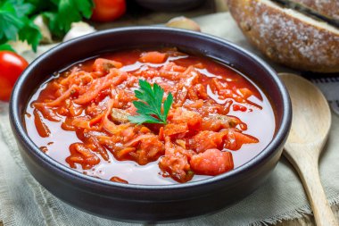 Geleneksel Ukrayna ve Rus ulusal kırmızı pancar çorbası, portre