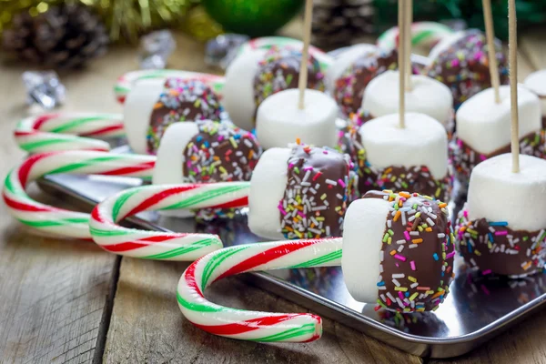 自家製の甘さとキャンデー杖、マシュマロ、チョコレート、振りかける。クリスマスの休日のお祝い. — ストック写真