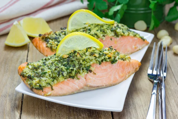 Salmón al horno con corteza de macadamia-cilantro en un plato blanco —  Fotos de Stock